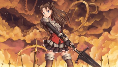 Doomfest, судьбы ночь пребывания, tohsaka rin, девушка, облако, меч, доспехи, мини-юбка