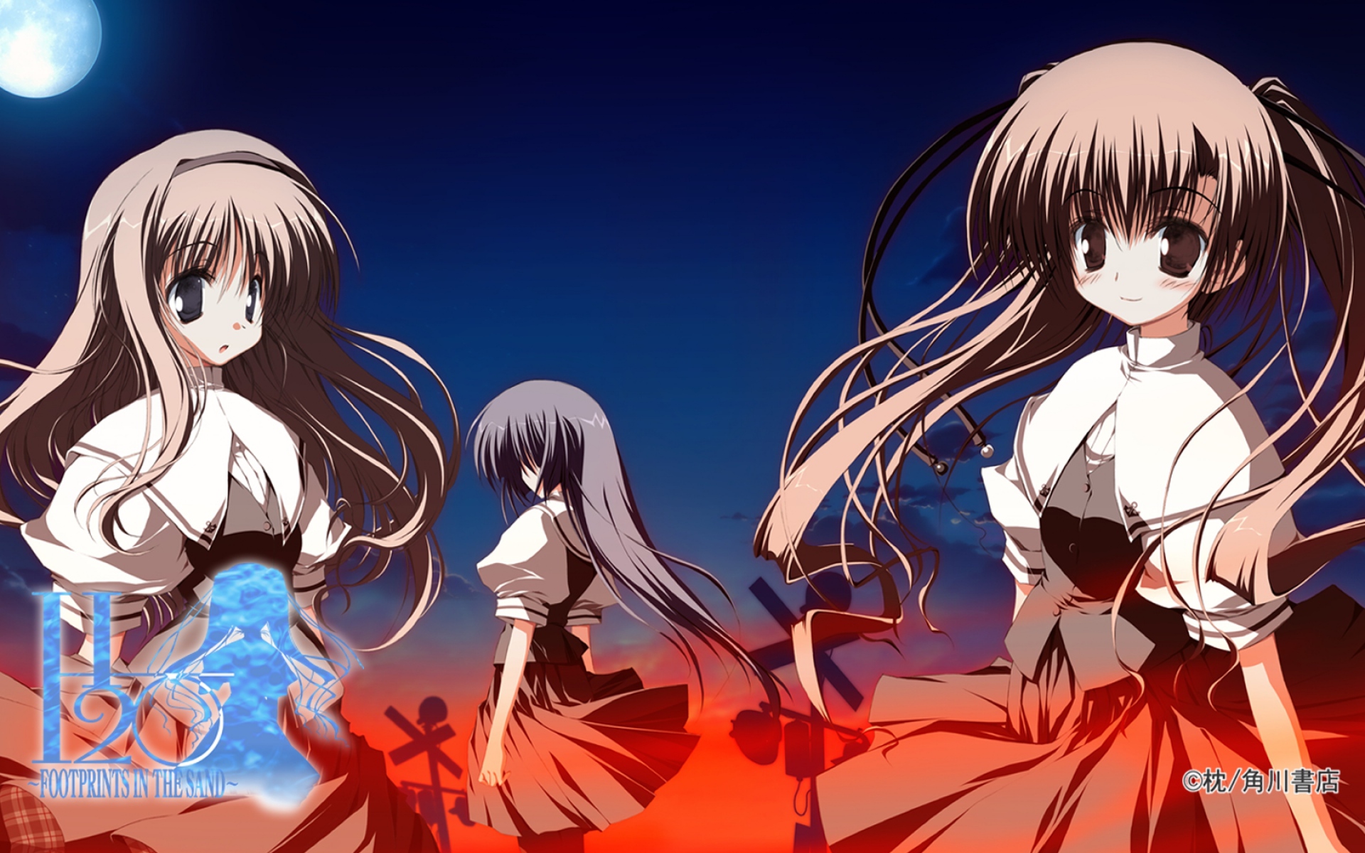 Картинки H2o следы на песке, kohinata hayami, kagura hinata, униформа, ночь фото и обои на рабочий стол