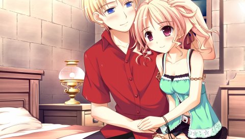 Shukufuku no campanella, agnes boulange, leicester maycraft, мальчик, девушка, кровать, обниматься
