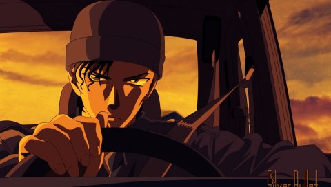 Детектив конан, akai shuuichi, парень, шляпа, небо, кепка, автомобиль