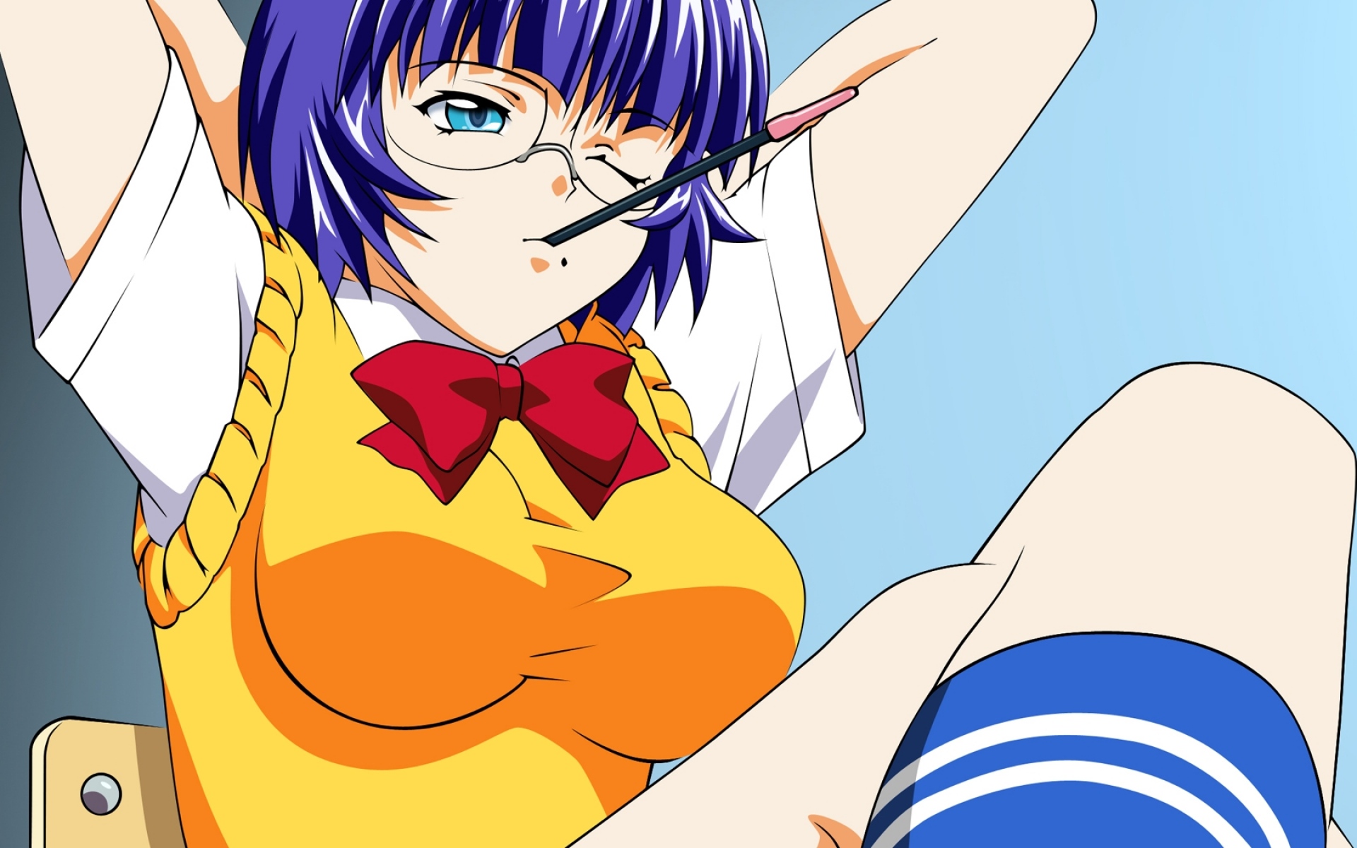 Картинки Ikkitousen, ryomou shimei, девушка, очки, осанка, карандаш фото и обои на рабочий стол