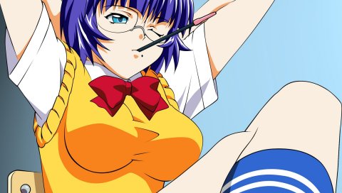 Ikkitousen, ryomou shimei, девушка, очки, осанка, карандаш
