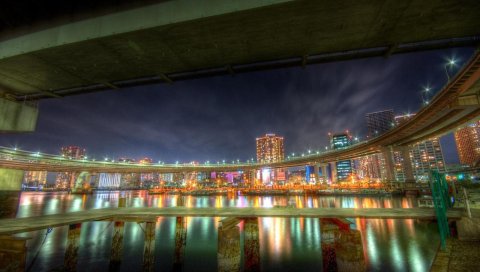 Город, ночь, городские огни, панорама, hdr