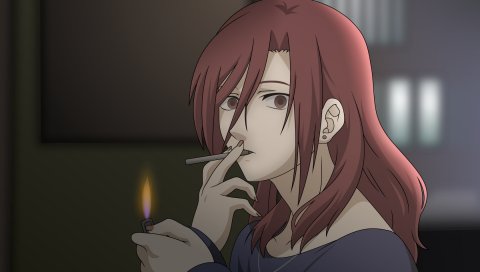Kara no kyoukai, сигарета, зажигалка, девушка, огонь
