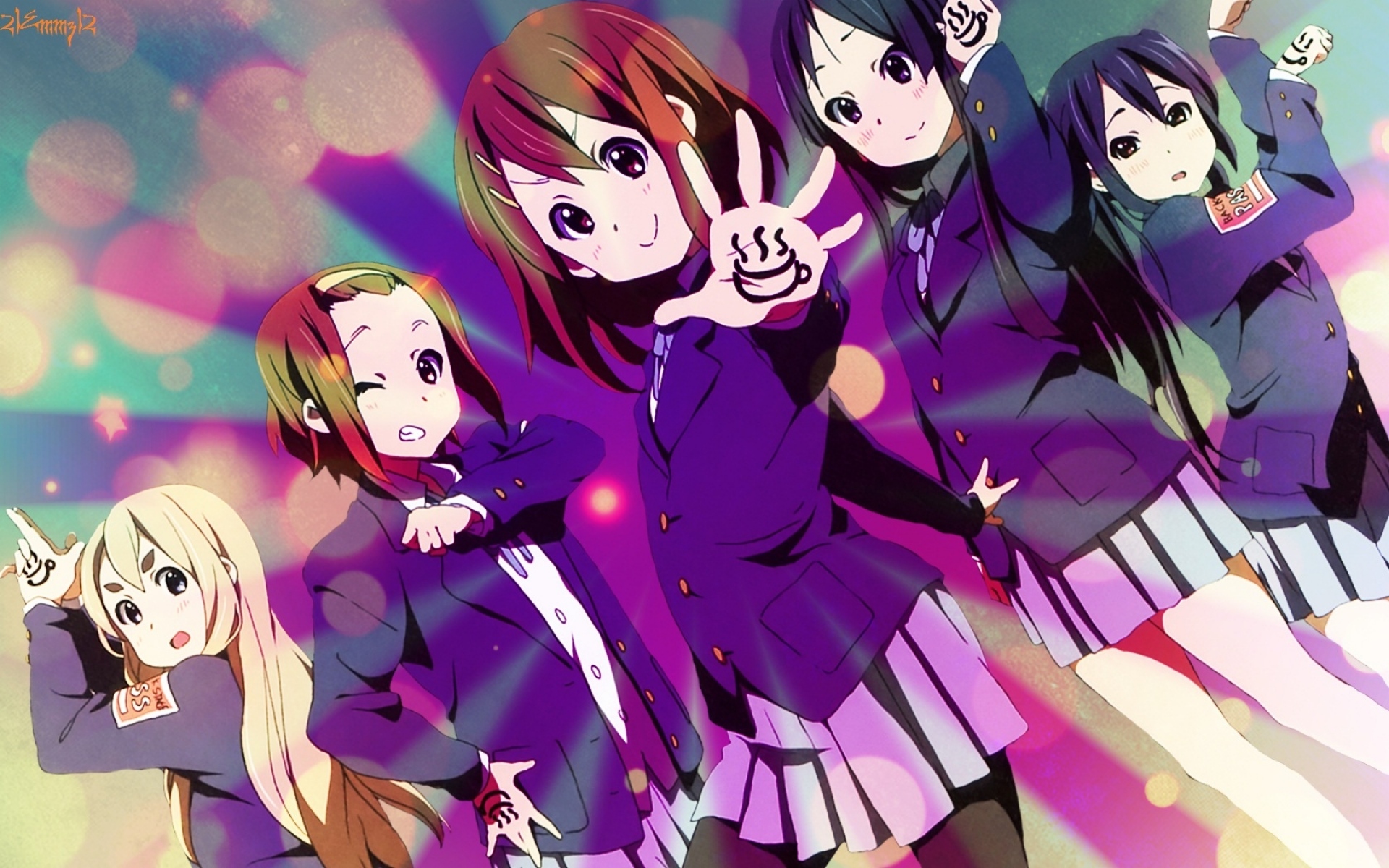 Картинки K-on, akiyama mio, hirasawa yui, tainaka ritsu, kotobuki tsumugi, nakano azusa, улыбка, жест, поза фото и обои на рабочий стол