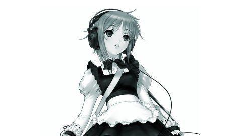 Suzumiya haruhi no yuutsu, nagato yuki, наушники, горничная, музыка, черный белый