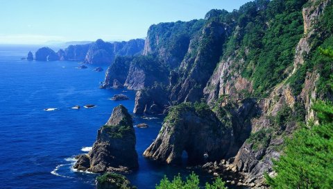 Берег, земля, вода, скалы, день