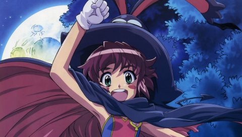 Renkin san-kyuu magical pokaa, uma, девушка, ночь, шляпа, луна