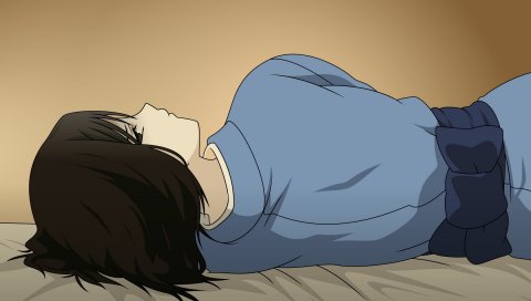 Kara no kyoukai, ryougi shiki, девушка, кровать, осанка, лук
