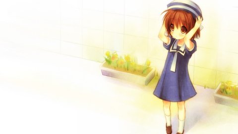 Clannad, okazaki ushio, девушка, шляпа, ветер