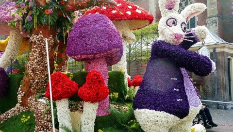 Цветы, кролик, грибы, лужайка, toon, красочно