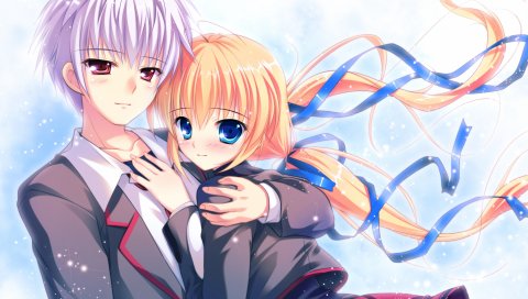 Manatsu no yoru no yuki monogatari, kagamatsuri mana, девушка, голубые глаза, светлые волосы, красные глаза, мужчина