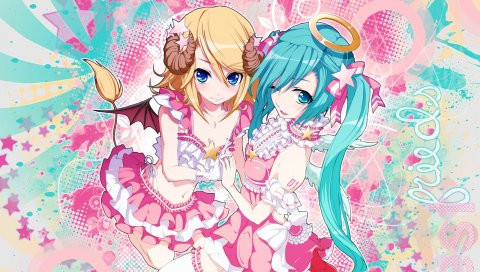 Hatsune miku, kagamine rin, голубые глаза, светлые волосы, два хвоста, платье, две девушки, юбка, крылья, перчатки