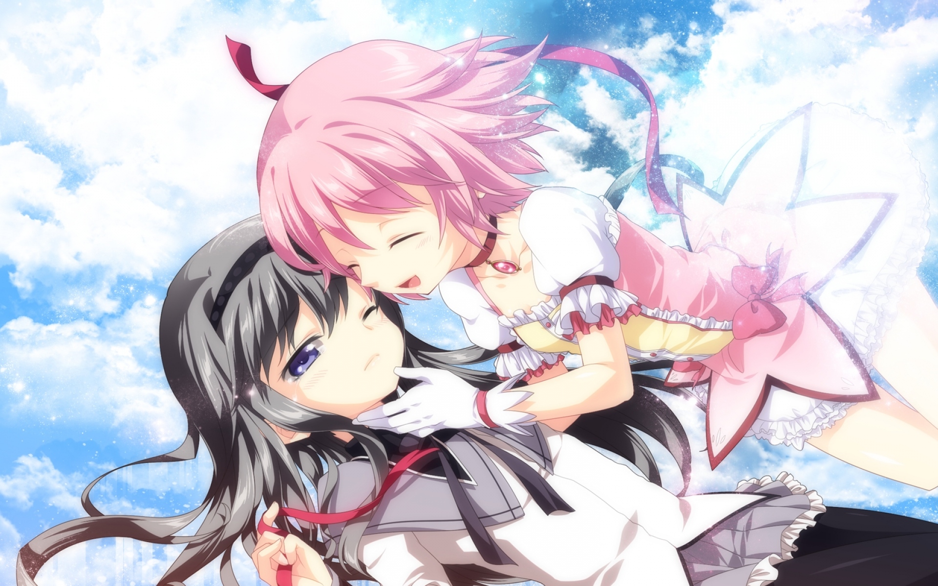 Картинки Mahou shoujo madoka magica, akemi homura, kaname madoka, улыбка, розовые волосы, девушки фото и обои на рабочий стол