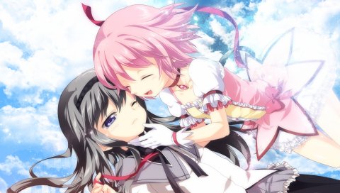 Mahou shoujo madoka magica, akemi homura, kaname madoka, улыбка, розовые волосы, девушки