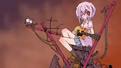 Gainax, девушка, гитара, кошка, глаза, осанка