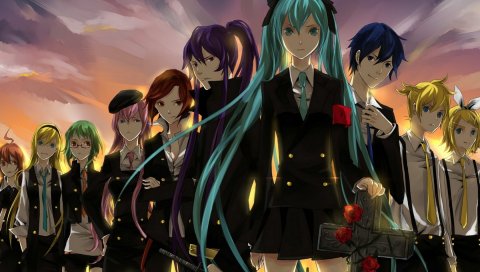 Вокалоид, hatsune miku, kagamine len, kagamine rin, kaito, толпа, поза