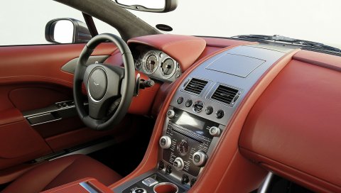 Aston martin, rapide, 2009, красный, салон, салон, руль, спидометр