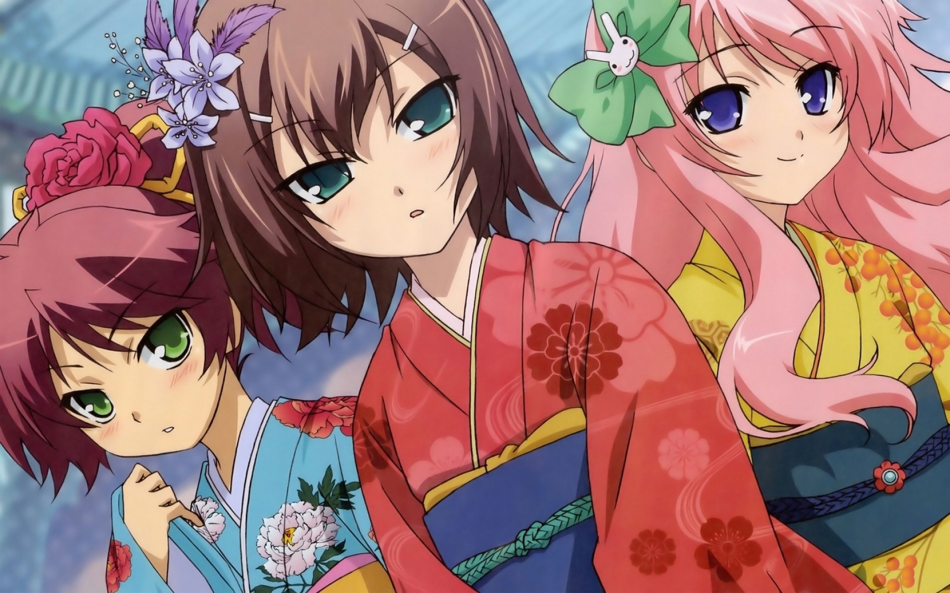 Картинки Бака, чтобы испытать на shoukanjuu, девушка, подруга, кимоно, цветы, лук фото и обои на рабочий стол