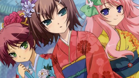 Бака, чтобы испытать на shoukanjuu, девушка, подруга, кимоно, цветы, лук