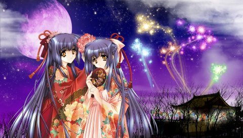 Kao no nai tsuki, девушка, кимоно, веер, вечер