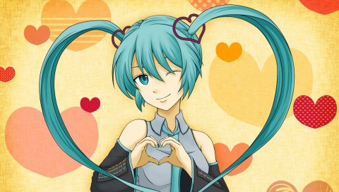 Вокалоид, hatsune miku, волосы, сердце, улыбка