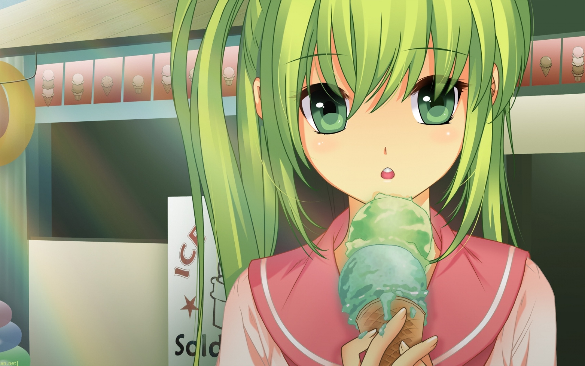 Картинки Девушка, волосы, зеленый, мороженое, взгляд фото и обои на рабочий стол