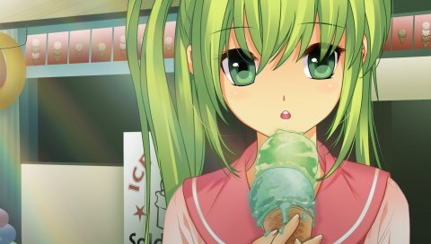 Девушка, волосы, зеленый, мороженое, взгляд