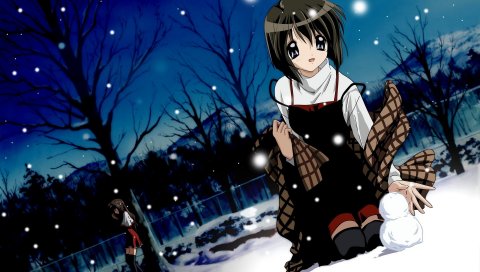 Kanon shiori, девушка, брюнетка, зима, снег