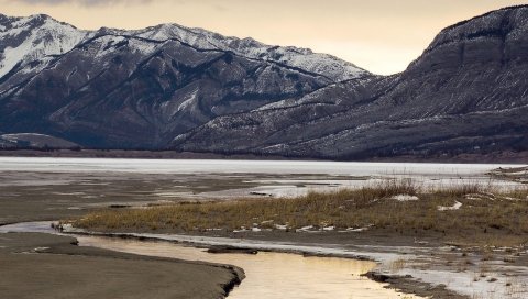 Река, горы, серый, холодный, утро, Альберта, Канада