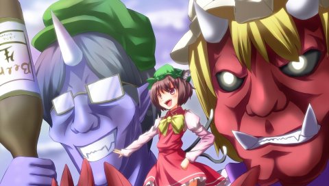 Touhou, nekomimi, девушка, брюнетка, радость