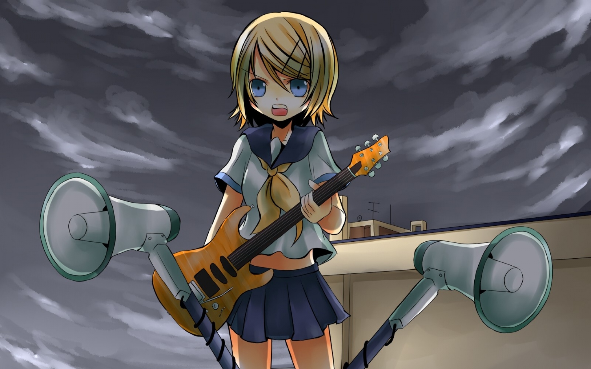 Картинки Вокалоид, kagamine rin, девушка, гитара, песня фото и обои на рабочий стол