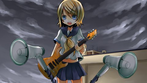 Вокалоид, kagamine rin, девушка, гитара, песня