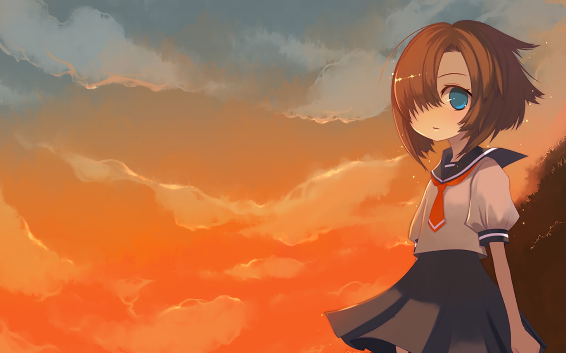 Картинки Higurashi no naku koro ni rena, пионер, девушка, облака, глаза фото и обои на рабочий стол