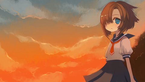 Higurashi no naku koro ni rena, пионер, девушка, облака, глаза