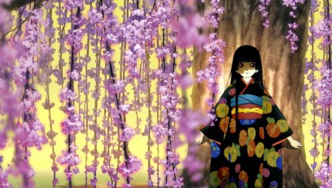 Jigoku shoujo, сакура, кимоно, девушка, брюнетка, осанка