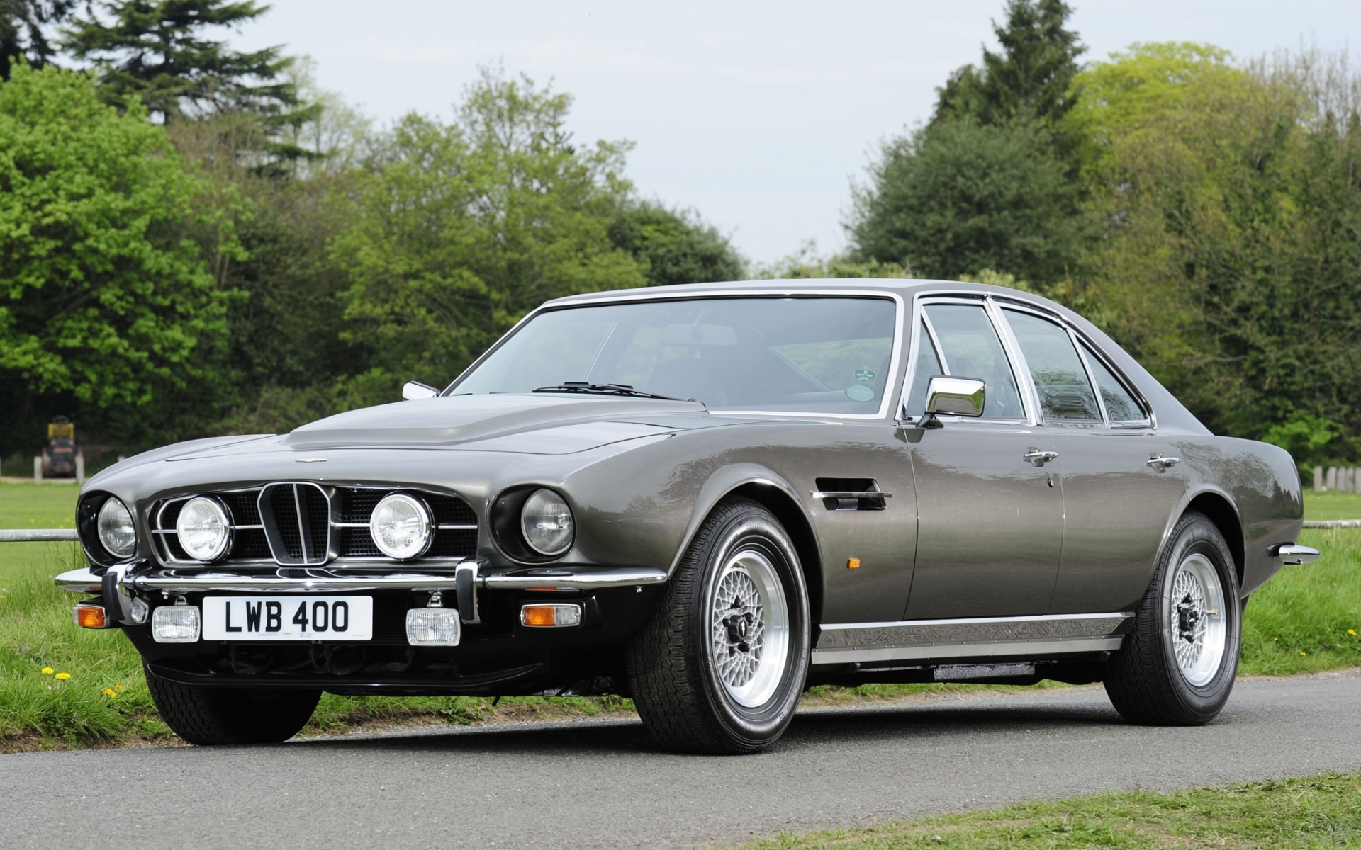 Картинки Aston martin, lagonda, v8, 1974, серый, вид спереди, редкость, автомобили, деревья фото и обои на рабочий стол