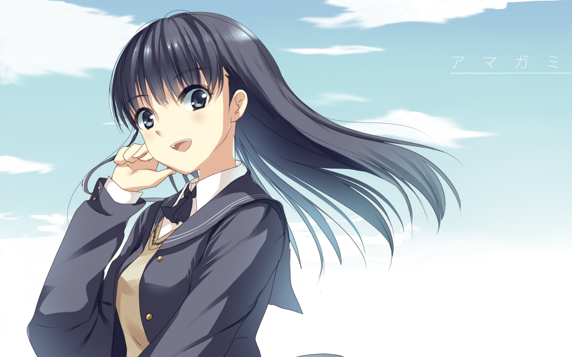 Картинки Mochiko, amagami, ayatsuji tsukasa, девушка, брюнетка, улыбка, небо фото и обои на рабочий стол