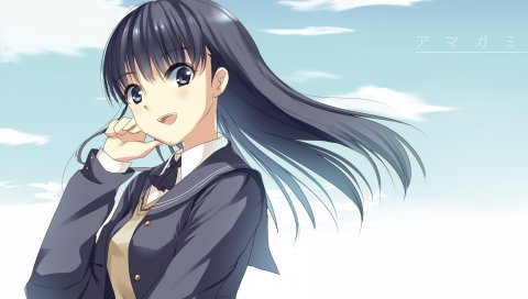 Mochiko, amagami, ayatsuji tsukasa, девушка, брюнетка, улыбка, небо