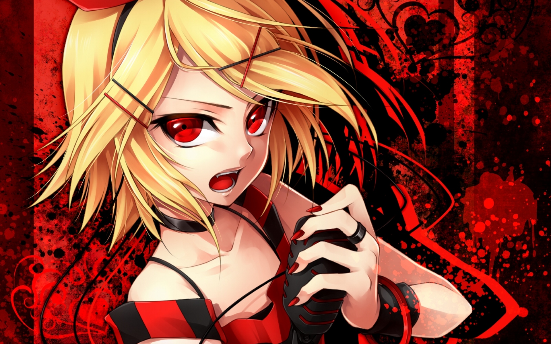 Картинки Kagamine rin, девушка, лук, булавка, браслет, клыки, микрофон фото и обои на рабочий стол