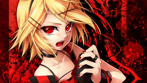 Kagamine rin, девушка, лук, булавка, браслет, клыки, микрофон