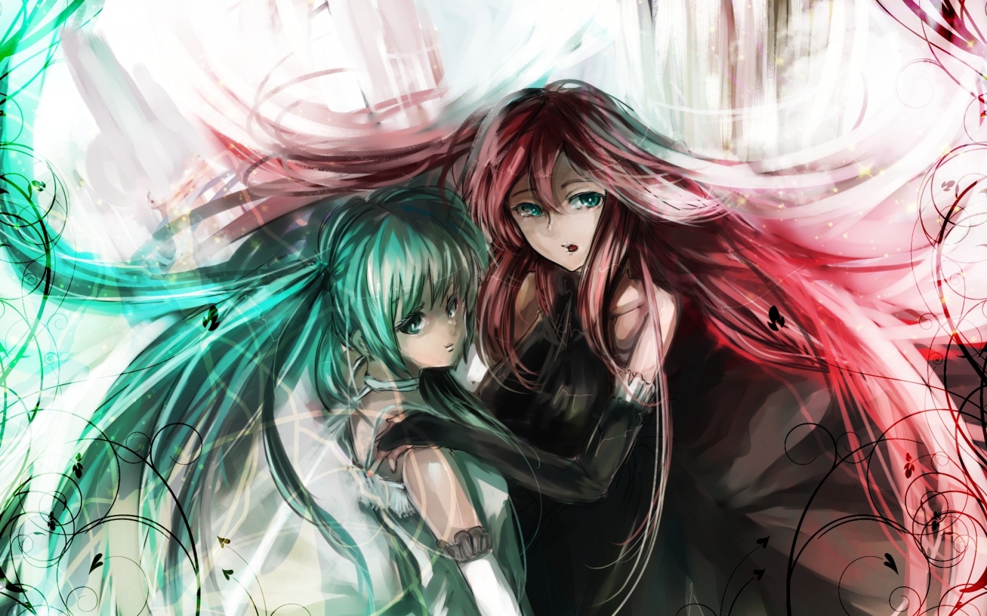 Картинки Hatsune miku, megurine luka, платье, розовые волосы, зеленые волосы, перчатки, девушки фото и обои на рабочий стол