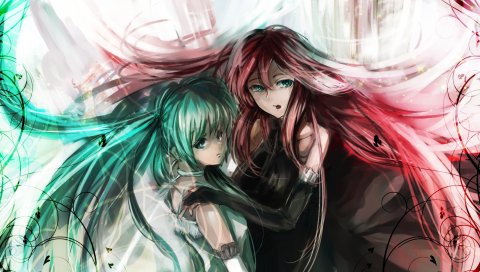 Hatsune miku, megurine luka, платье, розовые волосы, зеленые волосы, перчатки, девушки