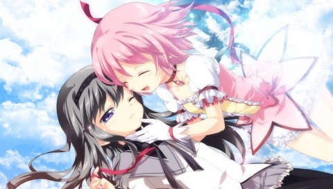 Mahou shoujo, madoka magica, akemi homura, kaname madoka, улыбка, розовые волосы, два закрытых глаза, девушки