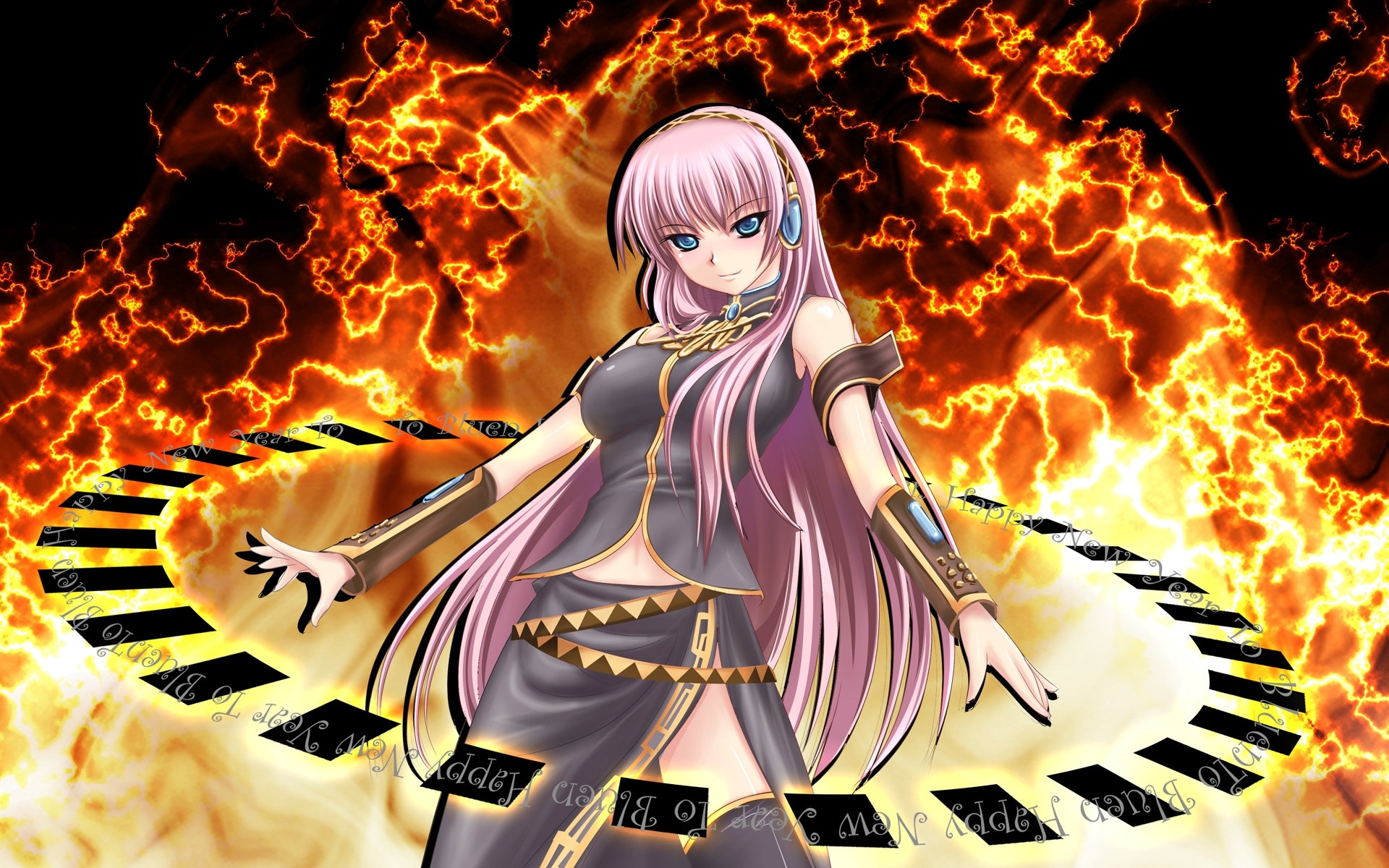 Картинки Megurine luka, девушка, голубые глаза, румяна, розовые волосы, чулки, наушники, огонь, жилет фото и обои на рабочий стол