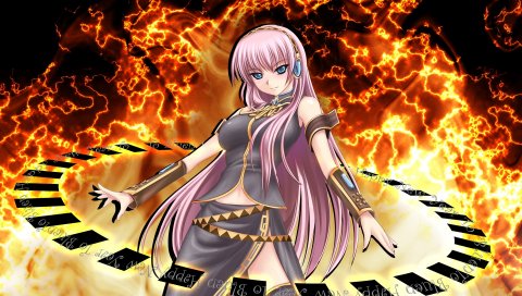 Megurine luka, девушка, голубые глаза, румяна, розовые волосы, чулки, наушники, огонь, жилет
