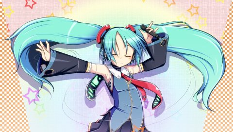 Hatsune miku, девушка, два хвоста, чулки, юбка, закрытые глаза, галстук, наушники, волосы, звезды, микрофон