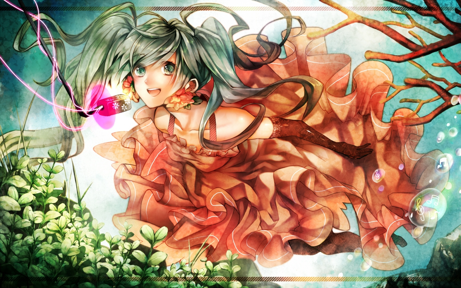 Картинки Hatsune miku, девушка, зеленые глаза, два хвоста, платье, цветы, перчатки, растение фото и обои на рабочий стол