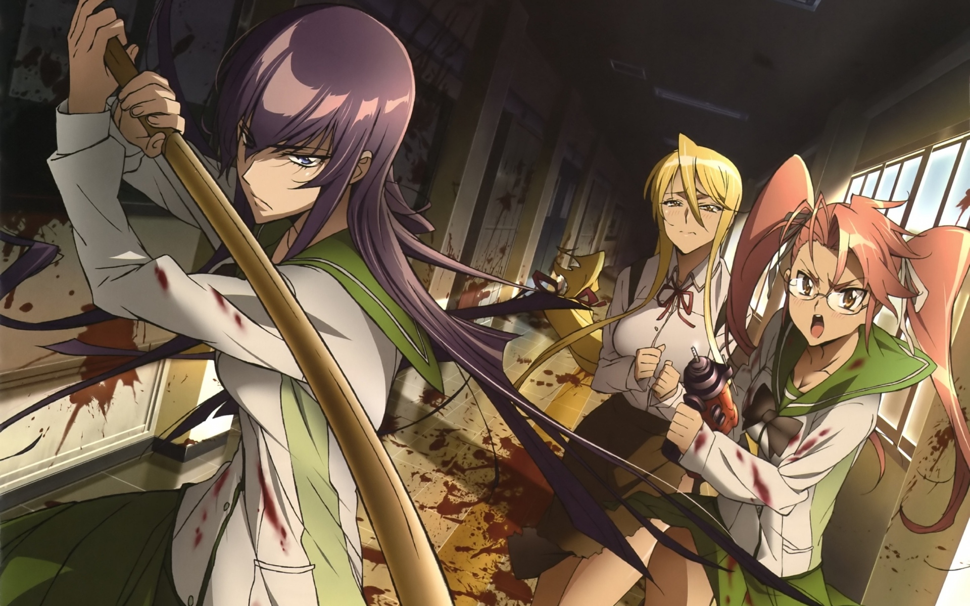 Картинки Высшая школа мертвых, busujima saeko, школа, девочки, оружие, кровь, зомби фото и обои на рабочий стол