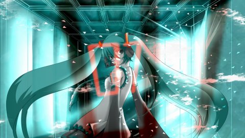 Hatsune miku, девушка, два хвоста, носки, наушники, волосы, глаза